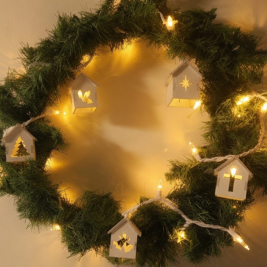 Wood wreath with tiny houses